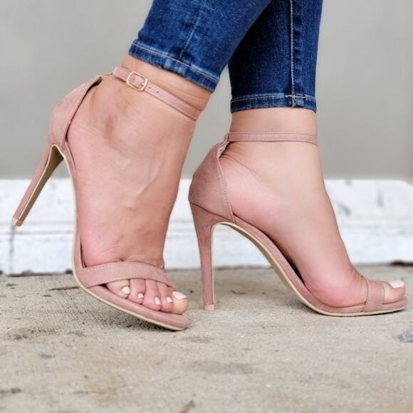 Shoes - Women's Suede Strappy Ankle High Heel Sandals Blush Color